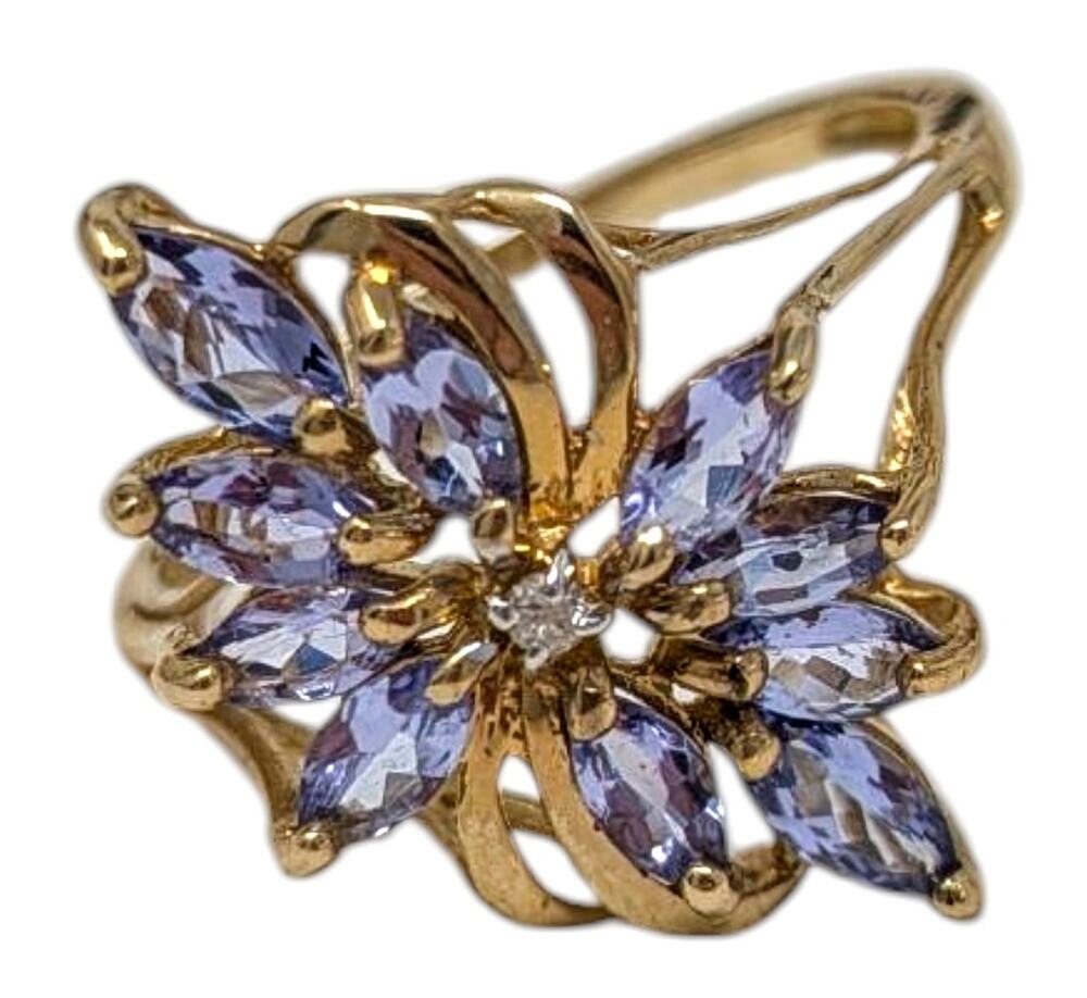 STS 14K Yellow Gold Tanzanite & Diamond Floral Ring – Size 9, 2.93g